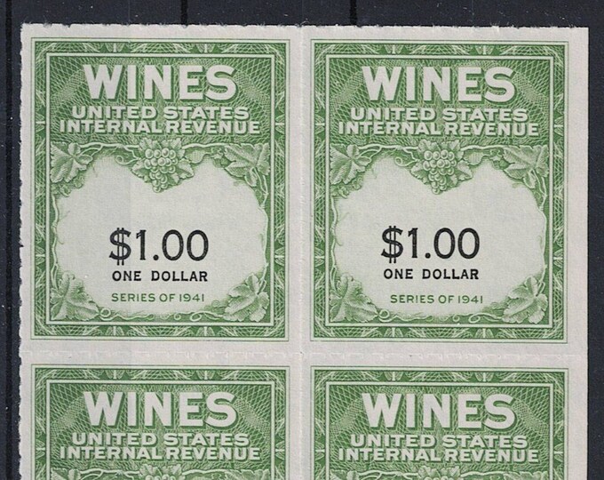 Wine Revenue Stamps Block of Four One Dollar United States Issued 1949