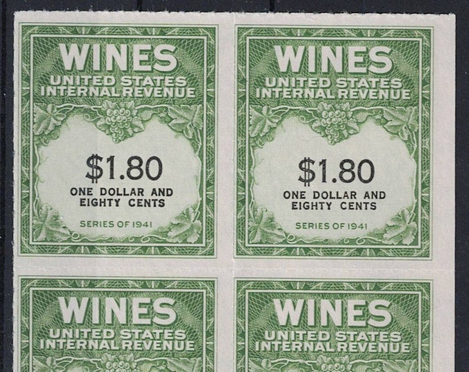 Wine Revenue Stamps Block of Four One Dollar and 80-Cent United States Issued 1942