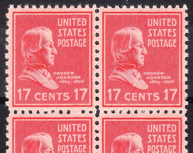 Andrew Johnson Block of Four 17-Cent United States Postage Stamps Issued 1938