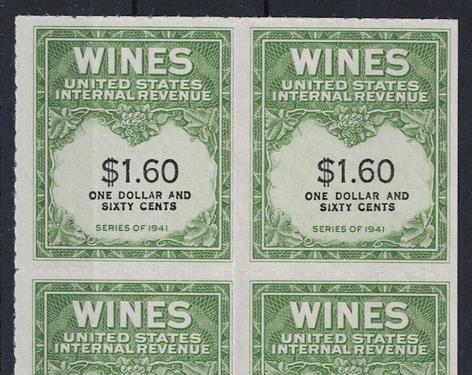 Wine Revenue Stamps Block of Four One Dollar and 60-Cent United States Issued 1942