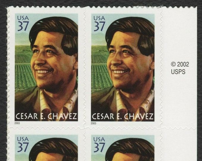 Cesar Chavez Plate Block of Four 37-Cent United States Postage Stamps Issued 2003
