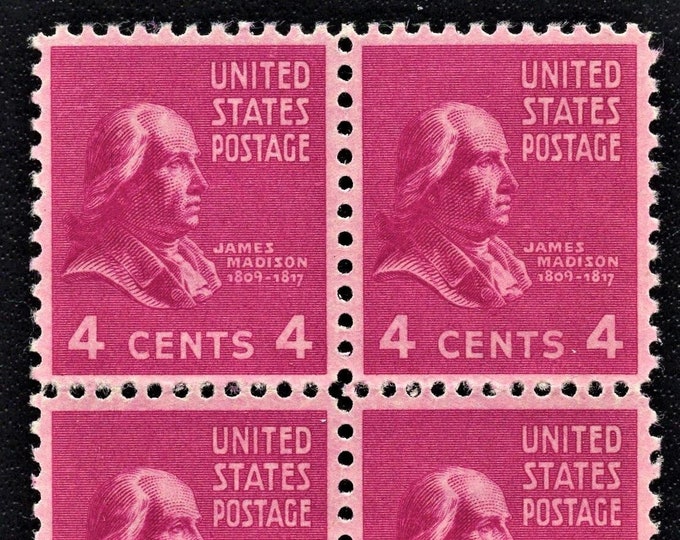 James Madison Block of Four 4-Cent United States Postage Stamps Issued 1938