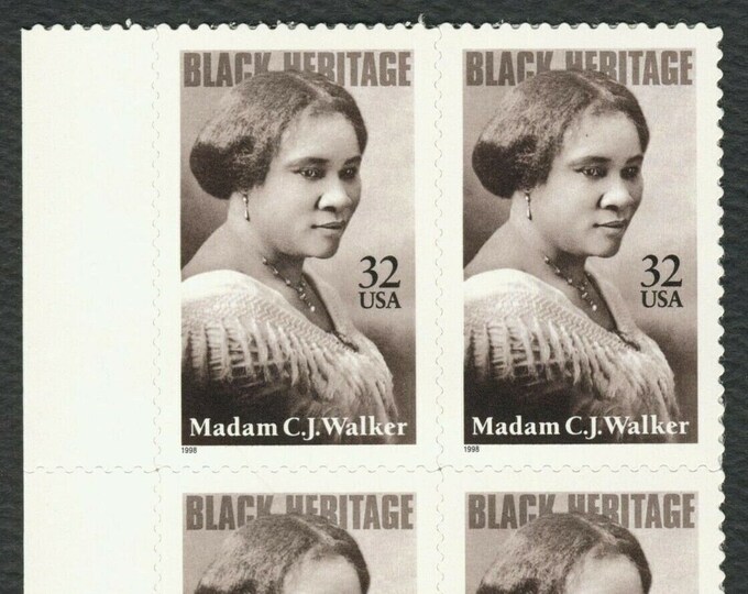 1998 Black Heritage Madam C J Walker Plate Block of Four US 32-Cent Postage Stamps