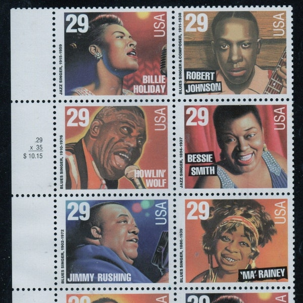 Blues and Jazz Singers Plate Block of Ten 29-Cent United States Postage Stamps Issued 1994