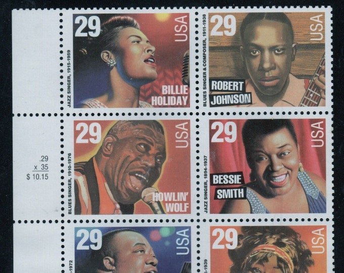 Blues and Jazz Singers Plate Block of Ten 29-Cent United States Postage Stamps Issued 1994