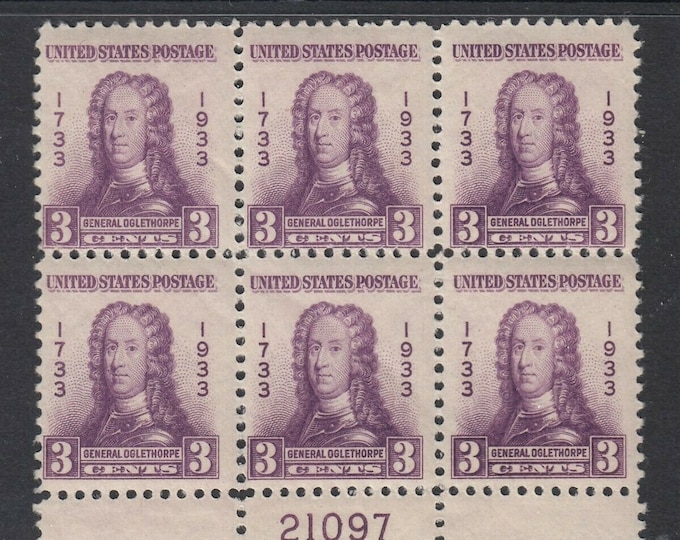 Oglethorpe Plate Block of Six 3-Cent United States Postage Stamps Issued 1933