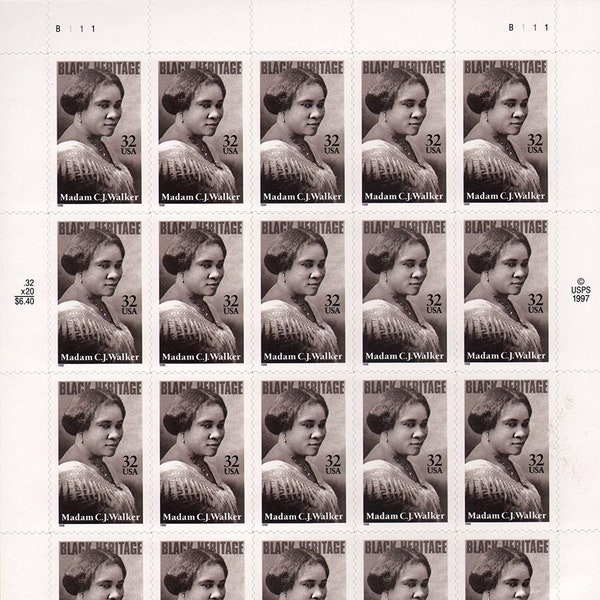 1998 Black Heritage Madam C J Walker Sheet of Twenty US 32-Cent Postage Stamps