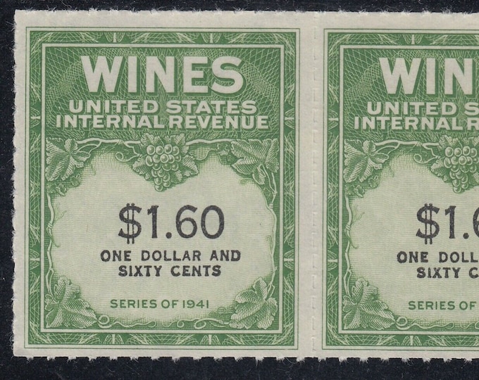 Wine Revenue Stamps Pair of One Dollar and 60-Cent United States Issued 1942