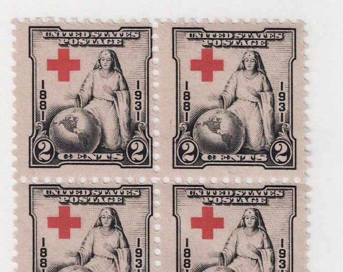 Red Cross Block of Four 2-Cent Postage Stamps With Plate Number Issued 1931