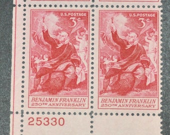 1956 Benjamin Franklin and Electricity Plate Block of Four 3-Cent US Postage Stamps Mint Never Hinged