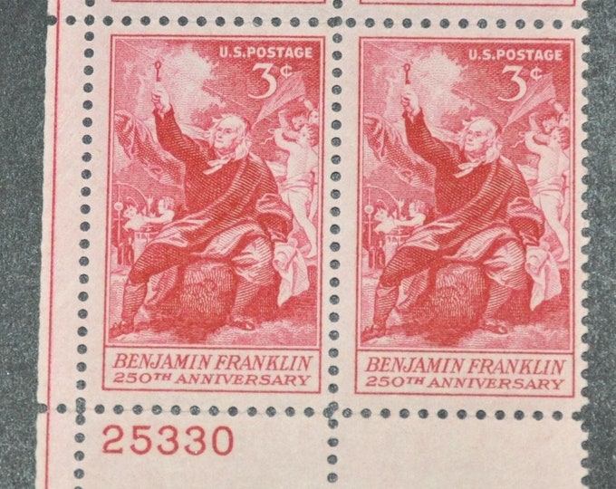 1956 Benjamin Franklin and Electricity Plate Block of Four 3-Cent US Postage Stamps Mint Never Hinged