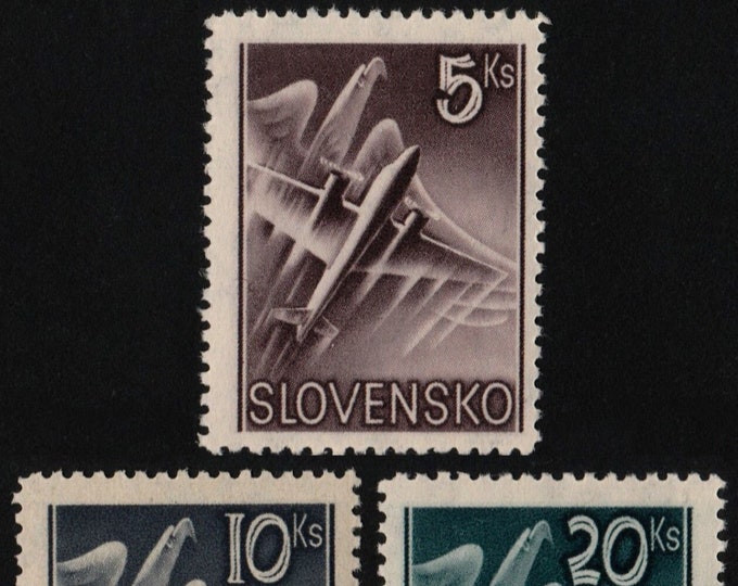 Airplane and Eagle Set of Three Slovakia Air Mail Postage Stamps Issued 1940