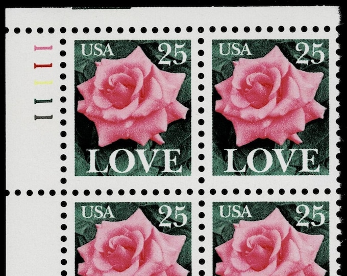 Love Pink Rose Plate Block of Four 25-Cent United States Postage Stamps