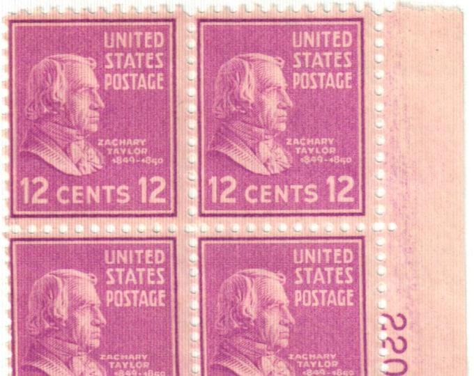 Zachary Taylor Plate Block of Four 12-Cent United States Postage Stamps Issued 1938