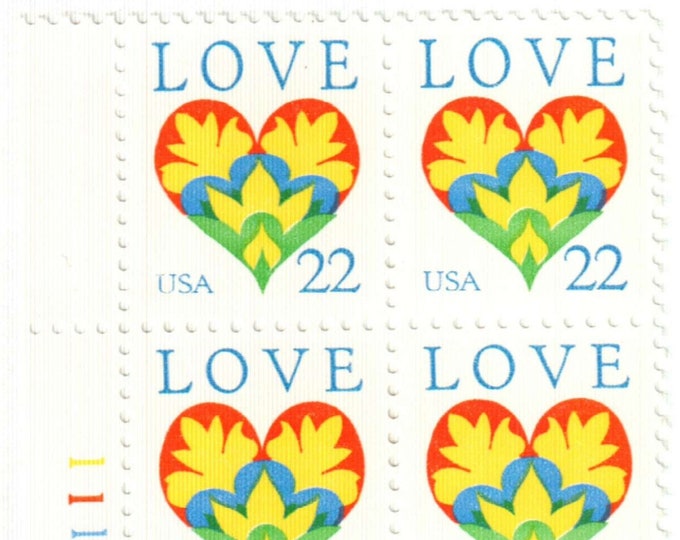 Love Hearts and Flowers Plate Block of Four 22-Cent United States Postage Stamps Issued 1987