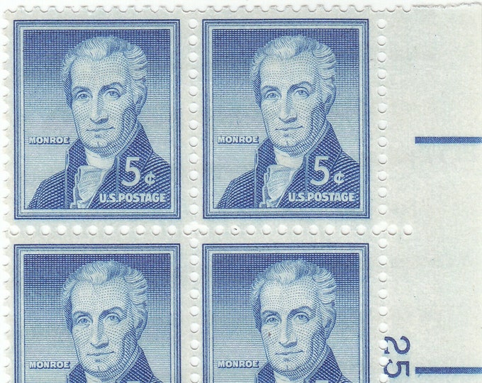 James Monroe Plate Block of Four 5-Cent United States Postage Stamps Issued 1954