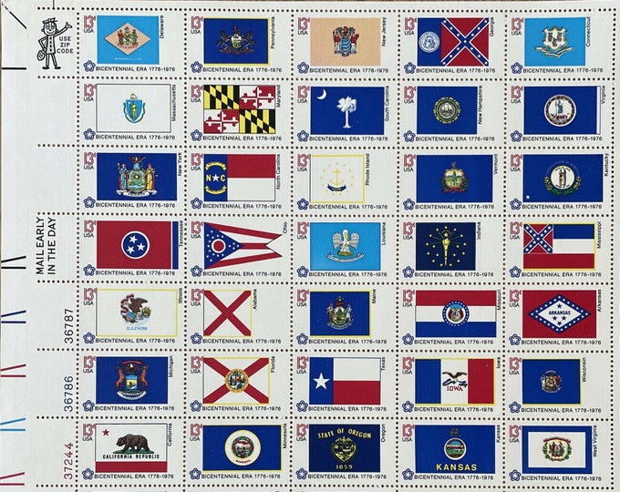 State Flags Mint Sheet of Fifty 13-Cent United States Postage Stamps Issued 1976