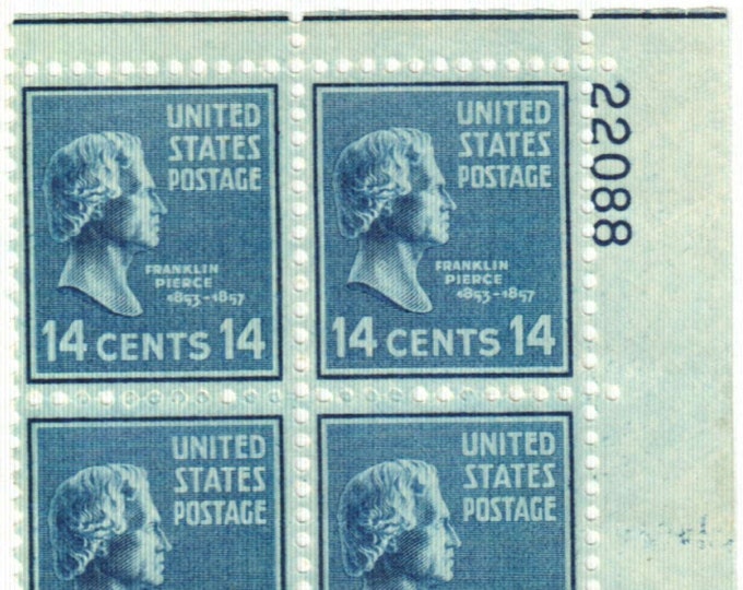 1938 Franklin Pierce Presidential Series Plate Block of Four 14-Cent United States Postage Stamps