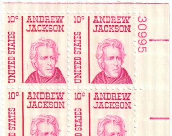 1967 Andrew Jackson Plate Block of Four 10-Cent United States Postage Stamps