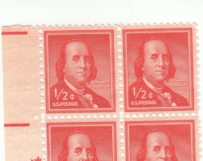 Benjamin Franklin Plate Block of Four Half-Cent US Postage Stamps Issued 1958