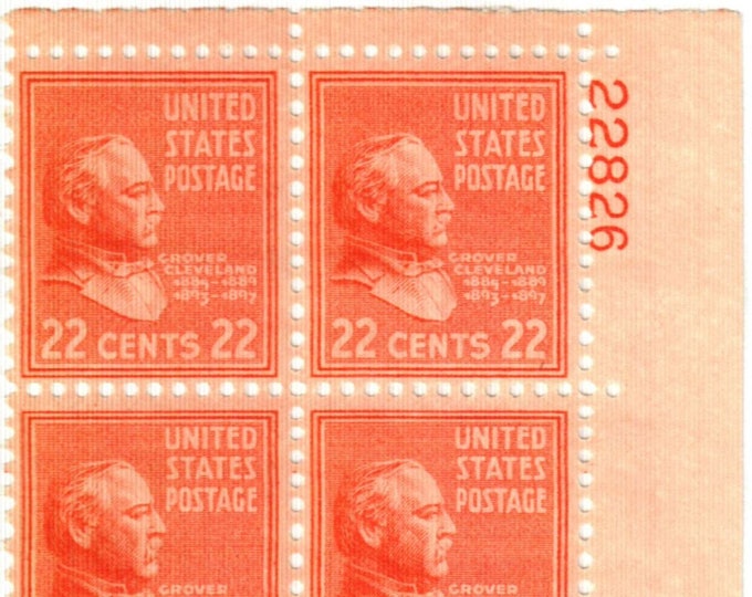 Grover Cleveland Plate Block of Four 22-Cent United States Postage Stamps issued 1938