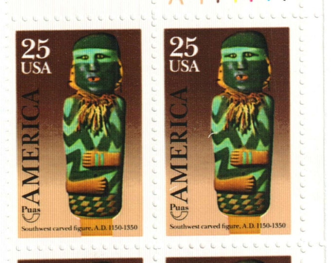 1989 Southwest Carved Figure Plate Block of Four 25-Cent United States Postage Stamps
