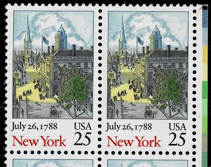 1988 New York Statehood Plate Block of Four 25-Cent United States Postage Stamps