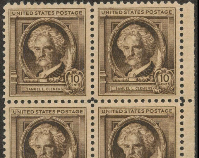 Mark Twain Plate Block of Four 10-Cent United States Postage Stamps Issued 1940