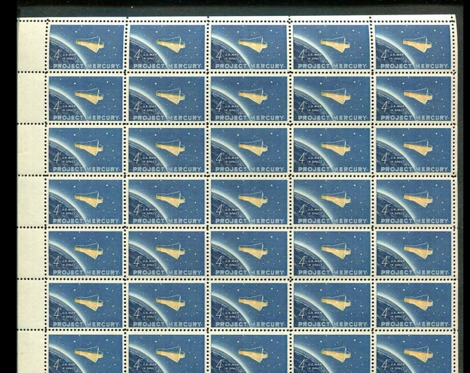 Project Mercury Sheet of Fifty 4-Cent United States Postage Stamps Issued 1962