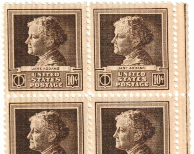 Jane Addams Plate Block of Four 10-Cent United States Postage Stamps Issued 1940