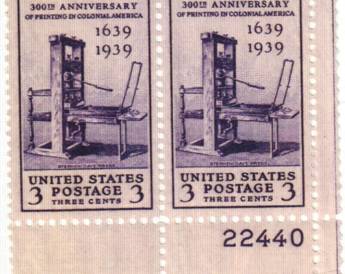 Printing Press Plate Block of Four 3-Cent United States Postage Stamps Issued 1939