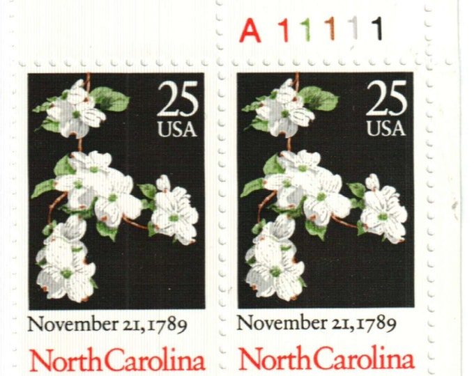 North Carolina Plate Block of Four 25-Cent United States Postage Stamps