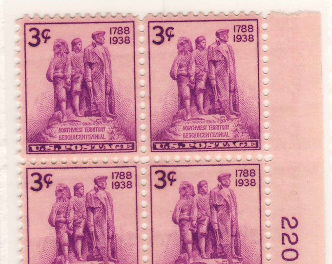 1938 Northwest Territory Sesquicentennial Plate Block of Four 3-Cent US Postage Stamps Mint Never Hinged