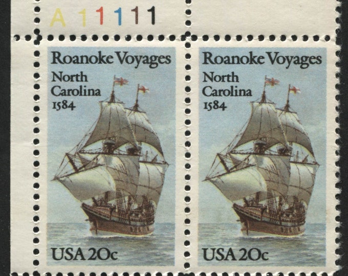 Roanoke Voyages Plate Block of Four 20-Cent United States Postage Stamps