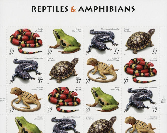 Reptiles and Amphibians Sheet of Twenty 37-Cent United States Postage Stamps Issued 2003