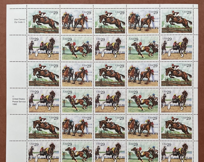 1993 Sporting Horses Sheet of Forty 29-Cent United States Postage Stamps