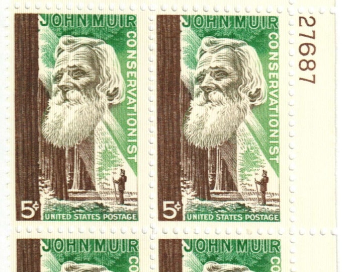 John Muir Plate Block of Four 5-Cent United States Postage Stamps Issued 1964