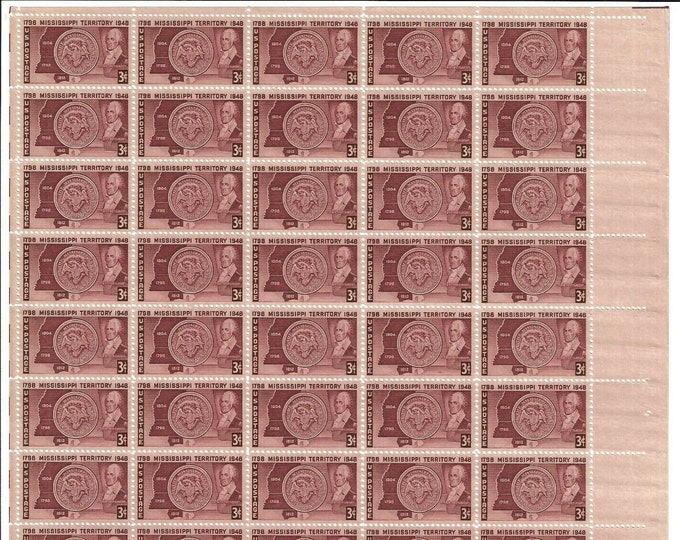 Mississippi Territory Sheet of Fifty 3-Cent United States Postage Stamps Issued 1948