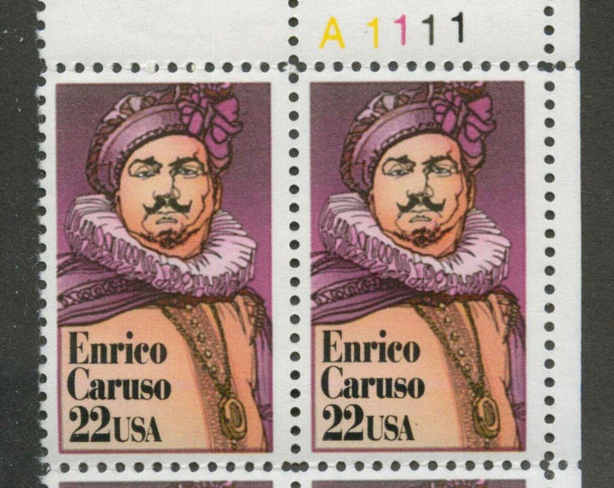 1987 Enrico Caruso Plate Block of Four 22-Cent United States Postage Stamps