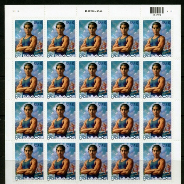 2002 Duke Kahanamoku Hawaiian Surfer Sheet of Twenty 37-Cent US Postage Stamps Mint Never Hinged