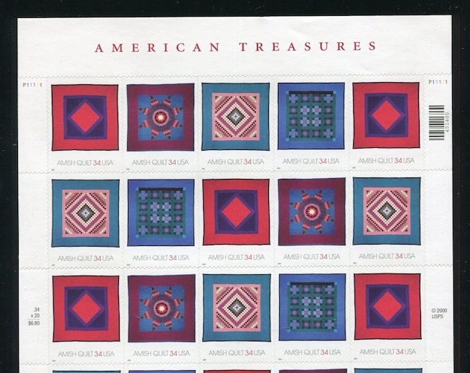 Amish Quilts Sheet of Twenty 34-Cent United States Postage Stamps Issued 2001