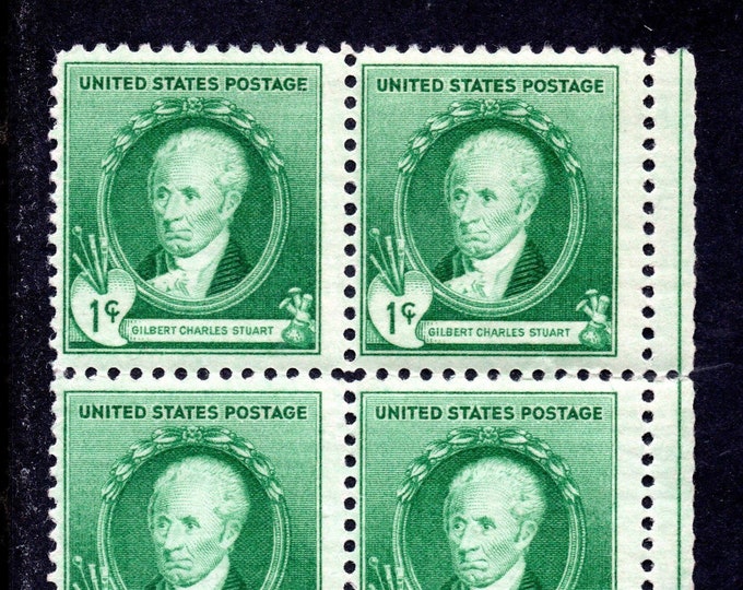 Gilbert Charles Stuart Plate Block of Four 1-Cent United States Postage Stamps Issued 1940