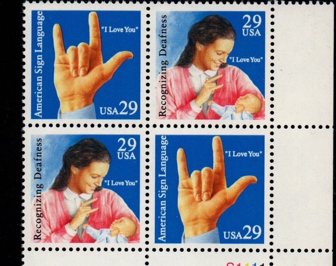 1993 American Sign Language Plate Block of Four 29-Cent US Postage Stamps