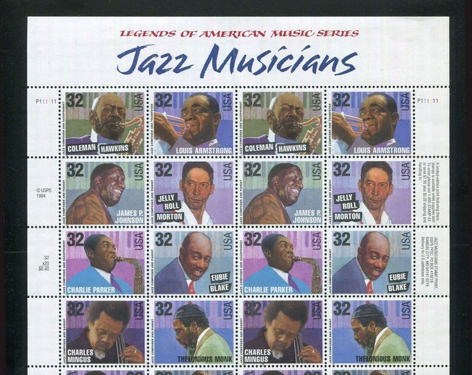 Jazz Musicians Sheet of Twenty 32-Cent United States Postage Stamps Issued 1995