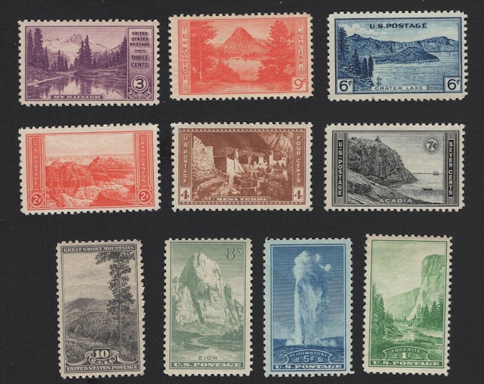 National Parks Collection of Ten United States Postage Stamps Issued 1934