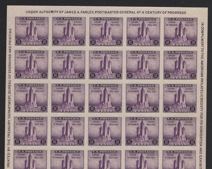 Federal Building Chicago Souvenir Sheet of Twenty-Five 3-Cent US Postage Stamps Issued 1933