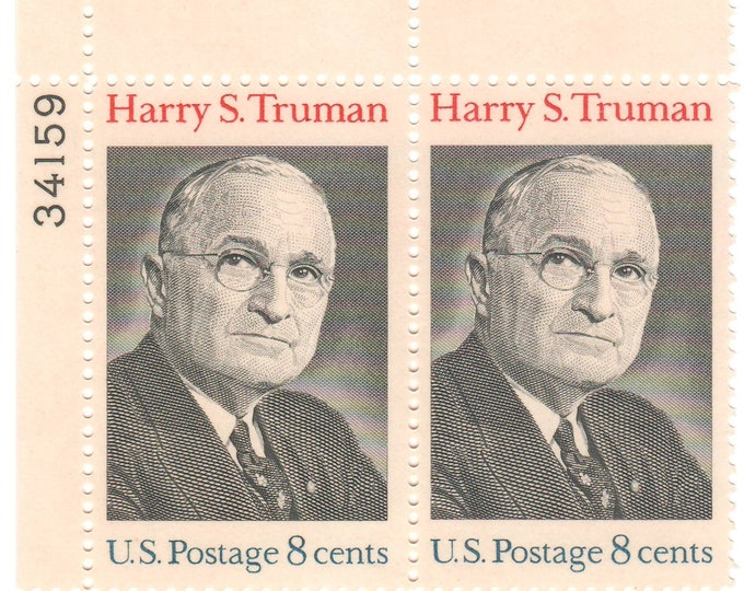 Harry Truman Plate Block of Four 8-Cent United States Postage Stamps Issued 1973