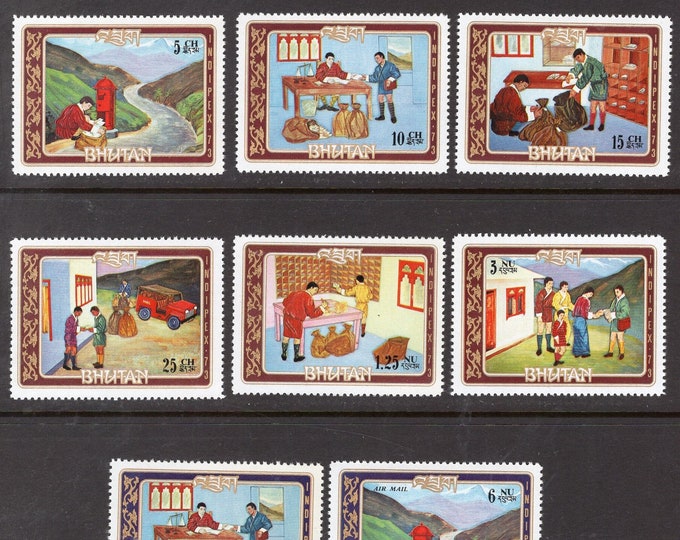 Bhutanese Mail Service Set of Eight Bhutan Postage Stamps Issued 1973