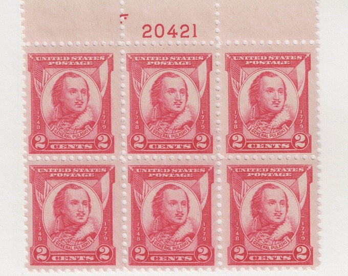 Casimir Pulaski Plate Block of Six 2-Cent United States Postage Stamps Issued 1931