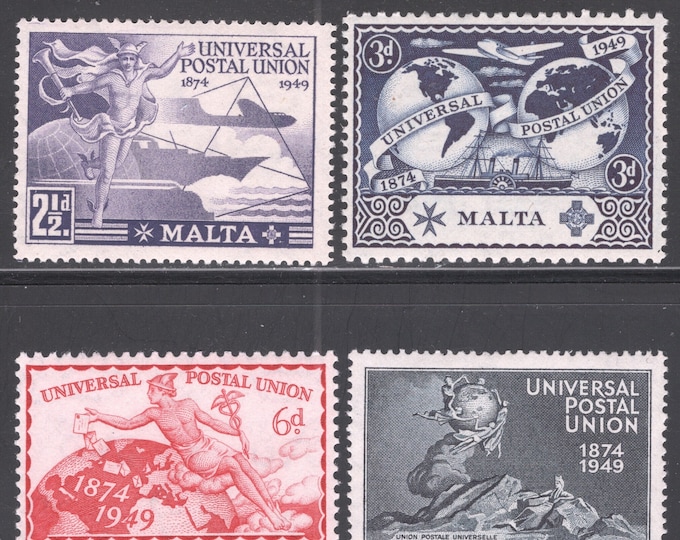 Universal Postal Union Set of Four Malta Postage Stamps Issued 1949